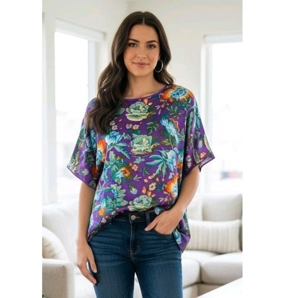 Victoria's Secret Tunic Top Womens Sz M Floral Short Sleeve Gold Label Cottage